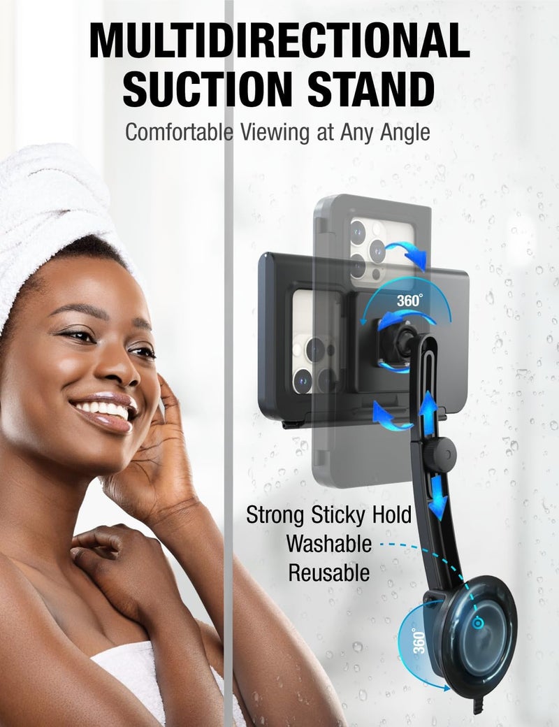 Aquashell Shower Phone Holder Waterproof - Retractable Rotatable Reusable Adjustable Suction Cup Stand Anti Fog Water Proof Phone Case for Bathroom Wall Phone Mount Shower Accessories for 4-7" Phones - Image 3